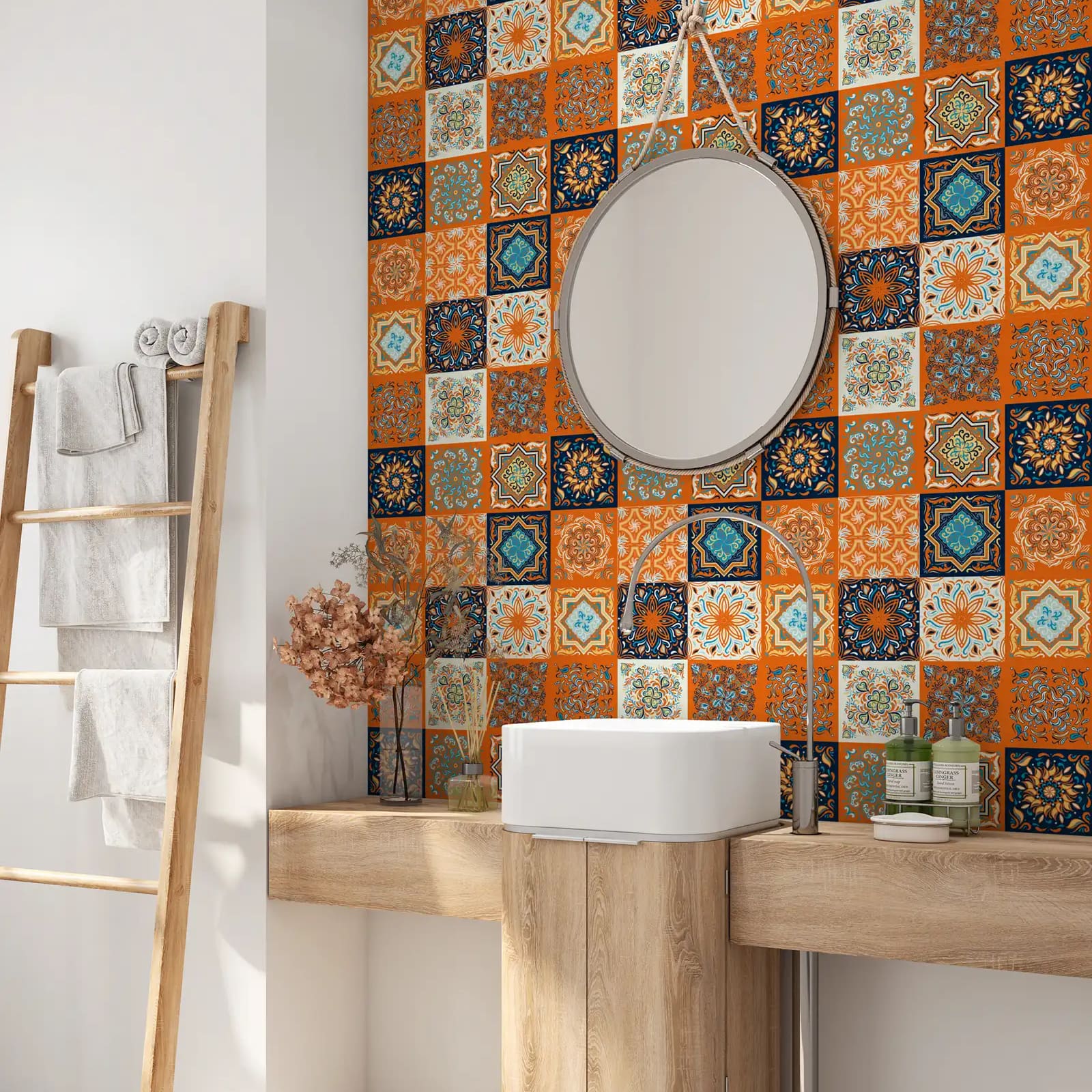 Peel and stick tile stickers - Orange & Blue Ornamental Mexican Ceramic