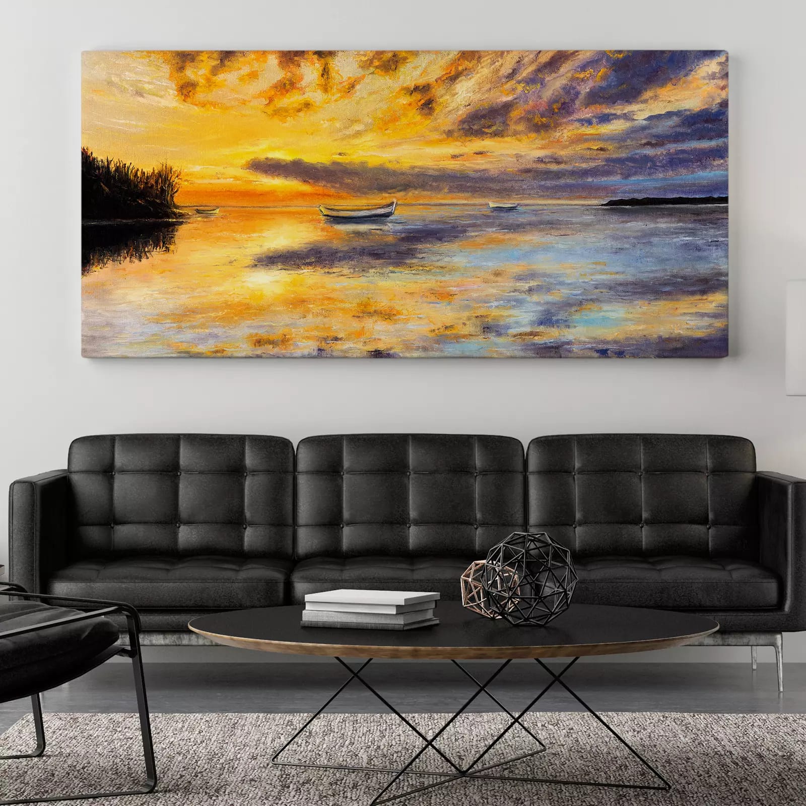 Panoramic View of Sea & Boat on Canvas, Oil Painting