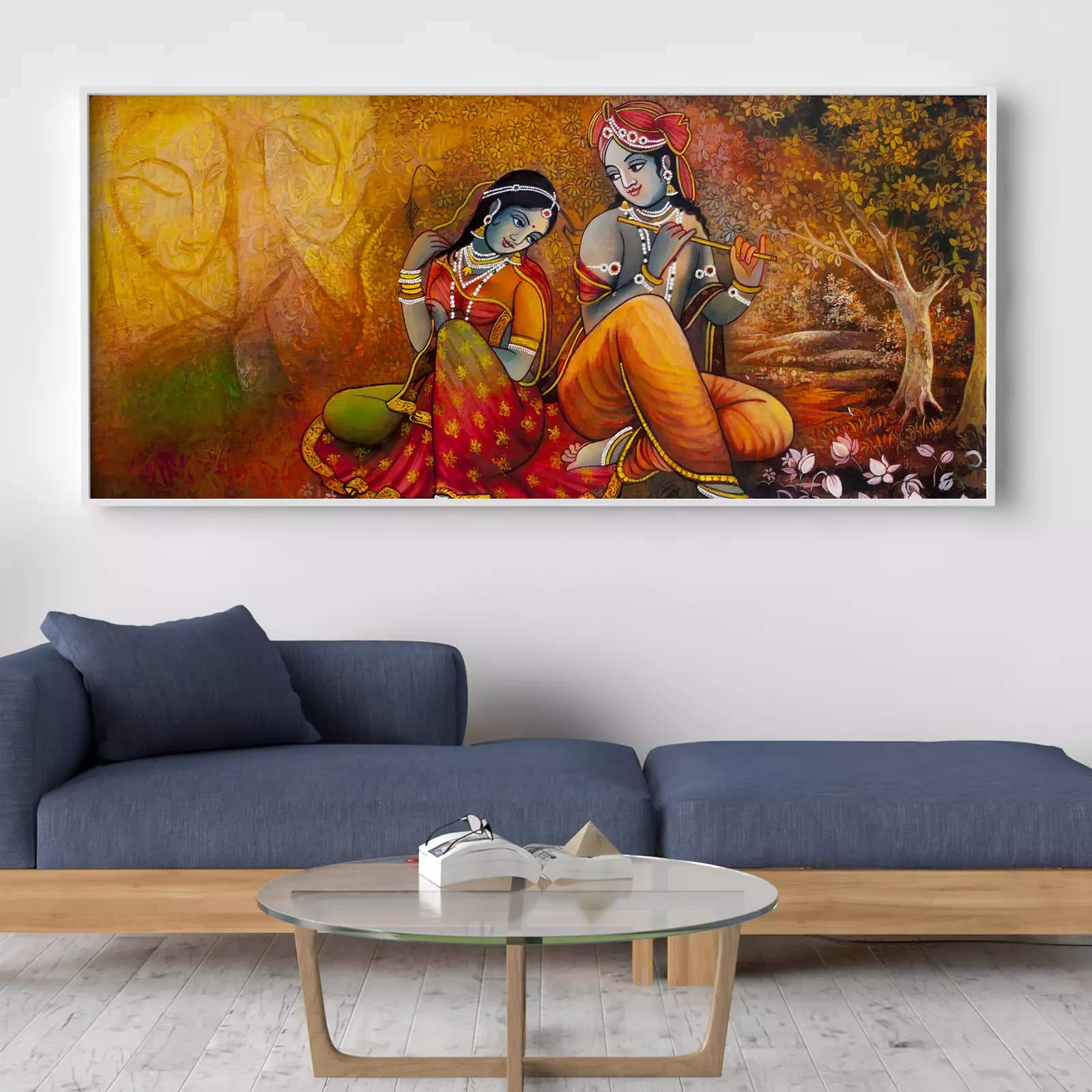 Radha Krishna Hindu Deities in Gold Background, Oil Painting
