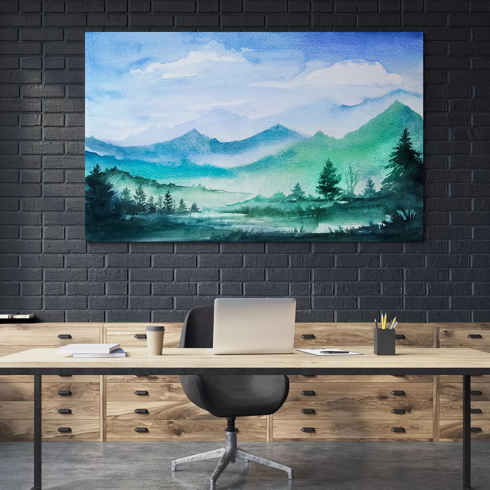 Watercolor Painting of A Forest & Mountain in Mist