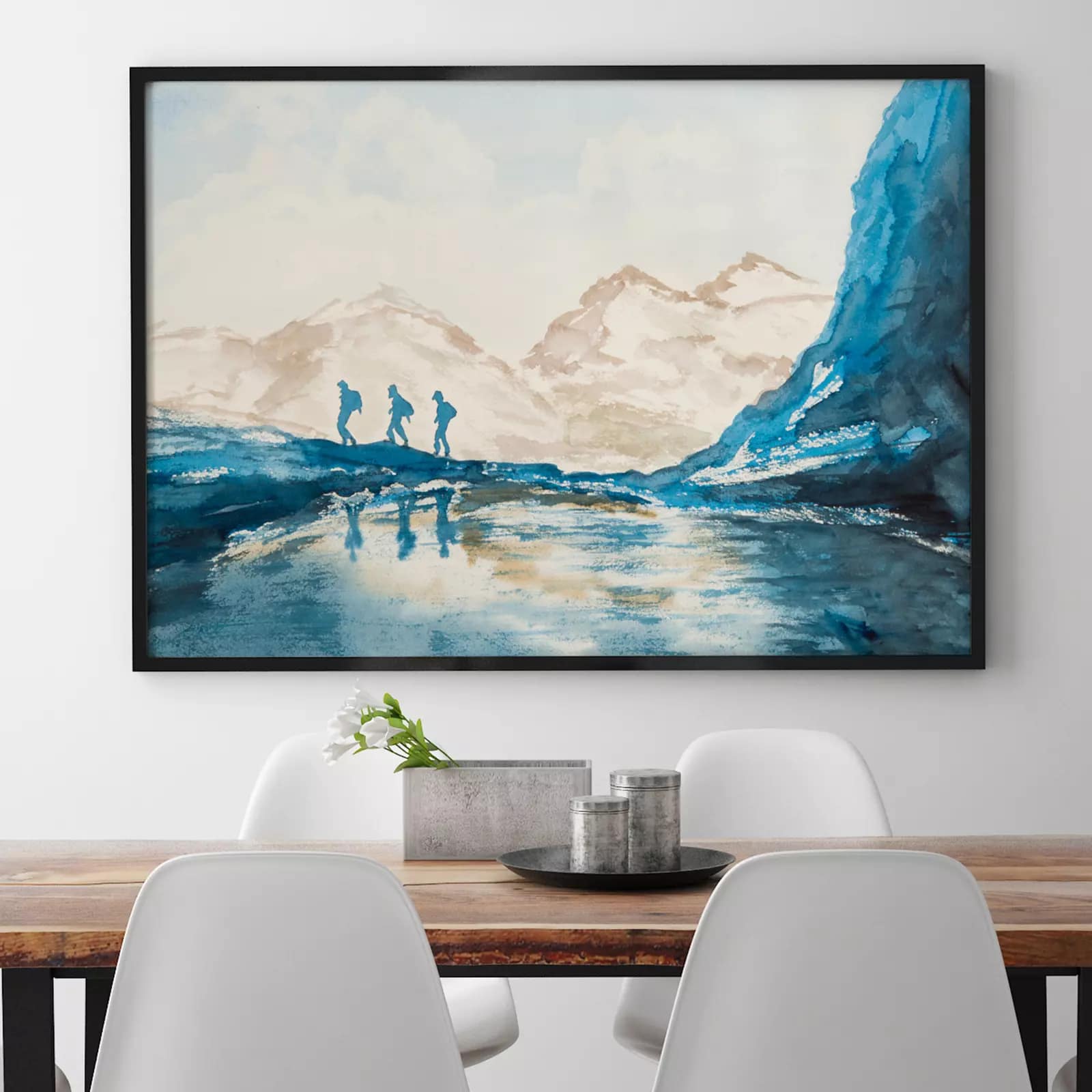 Watercolor Painting with People Walking On Mountains at Winter