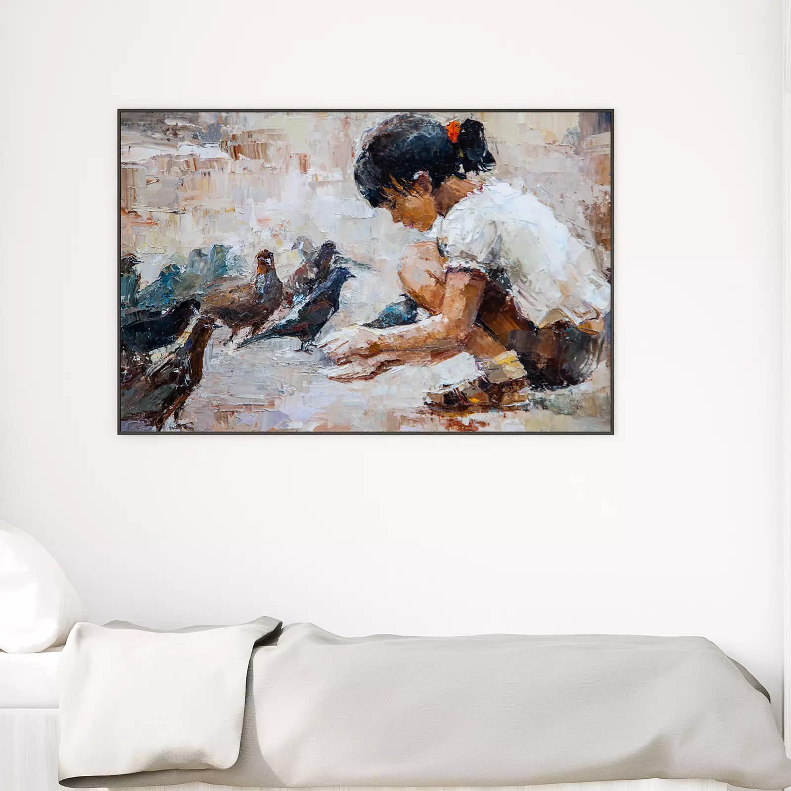 Oil Painting, Girl Feeding Pigeons