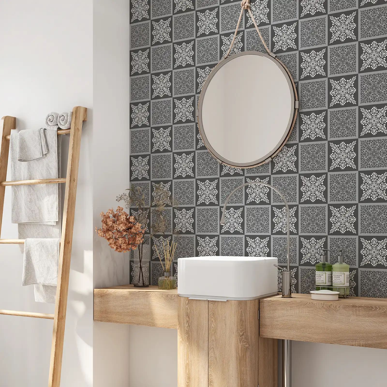 Peel and stick tile stickers - Grey And White Flower