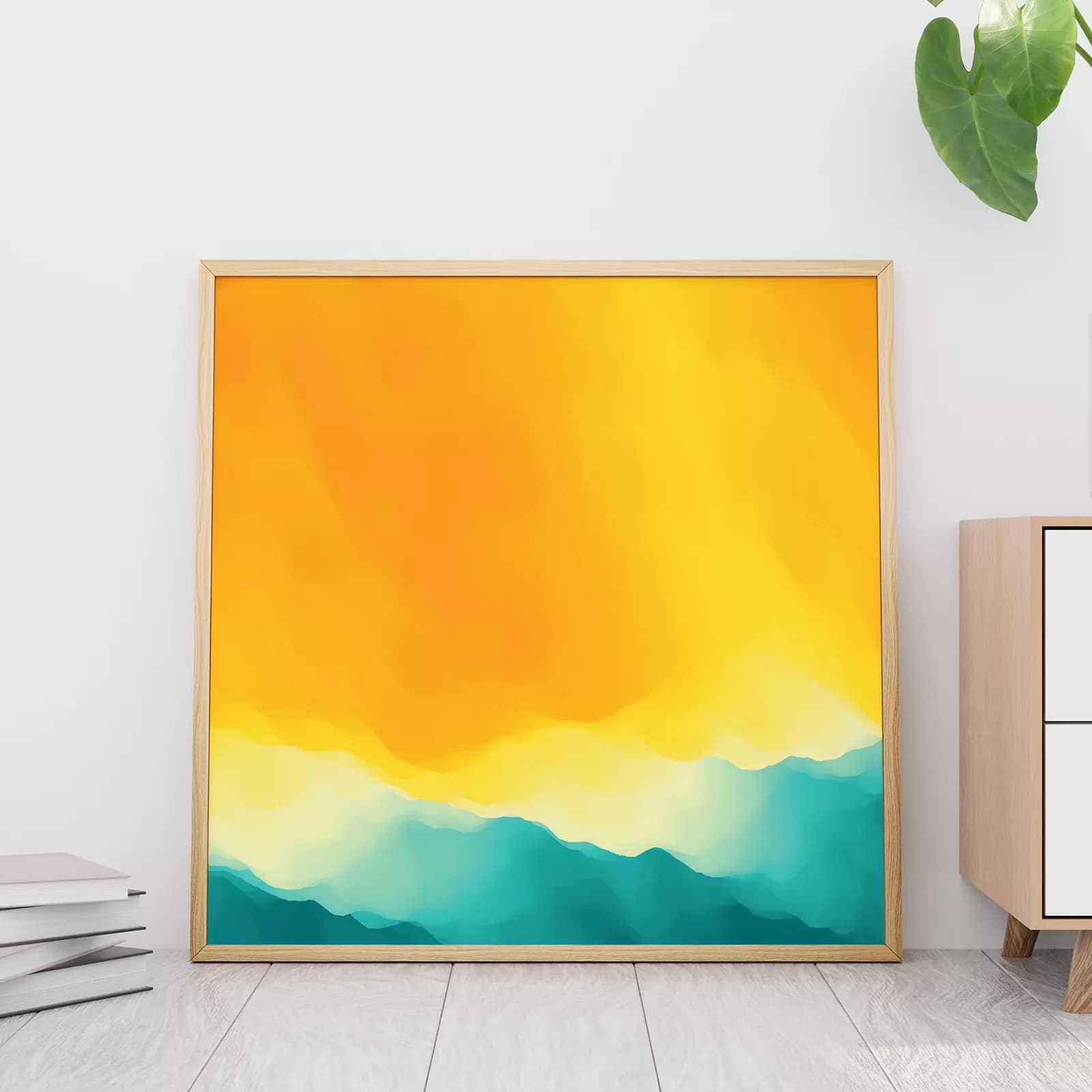 A painting of a yellow and green ocean an abstract