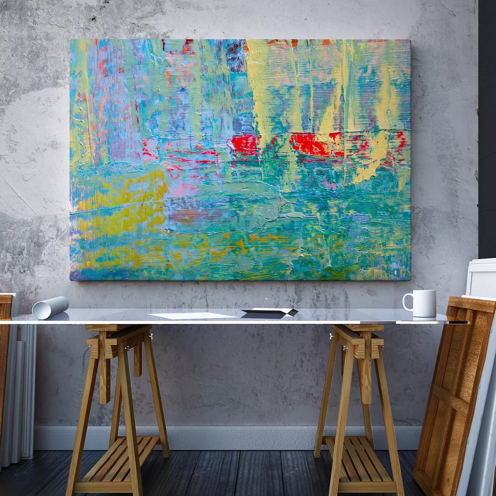 an abstract painting of blue yellow and red by Gerhard Richter